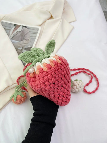 1pc Handmade Colorful Knitted Strawberry Drawstring Crossbody Bag, & Cute Strawberry Purse Valentines