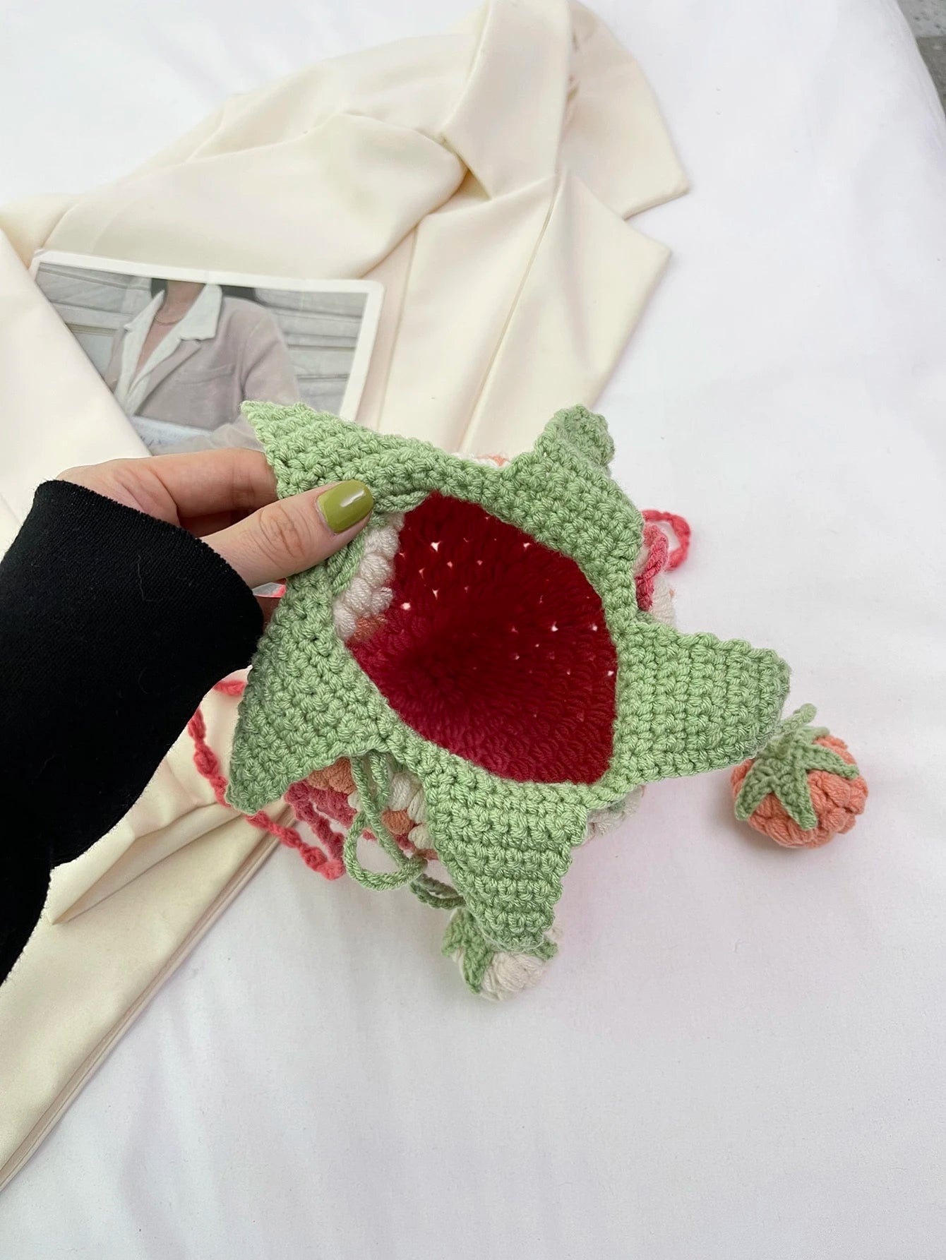1pc Handmade Colorful Knitted Strawberry Drawstring Crossbody Bag, & Cute Strawberry Purse Valentines