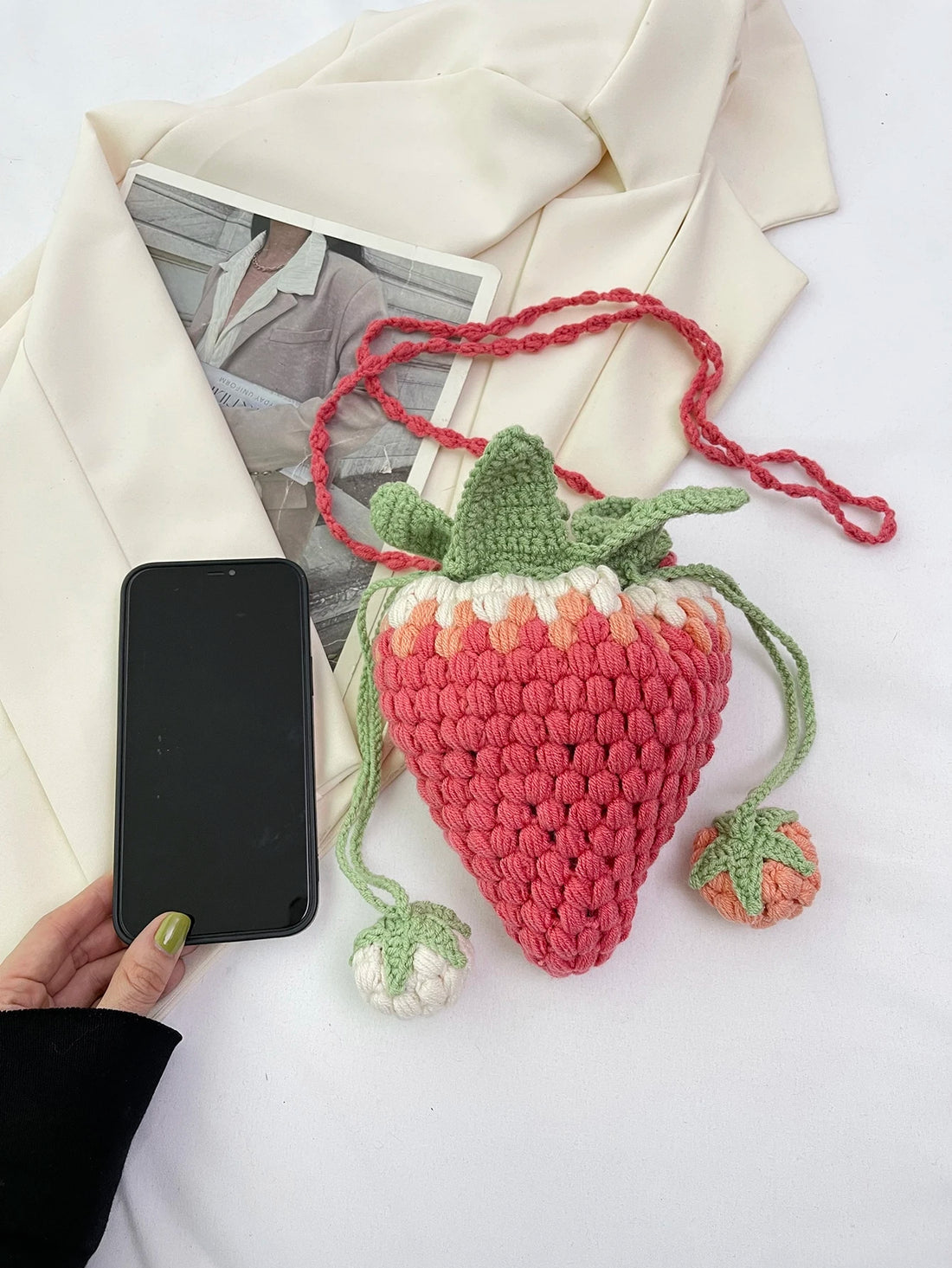 1pc Handmade Colorful Knitted Strawberry Drawstring Crossbody Bag, & Cute Strawberry Purse Valentines