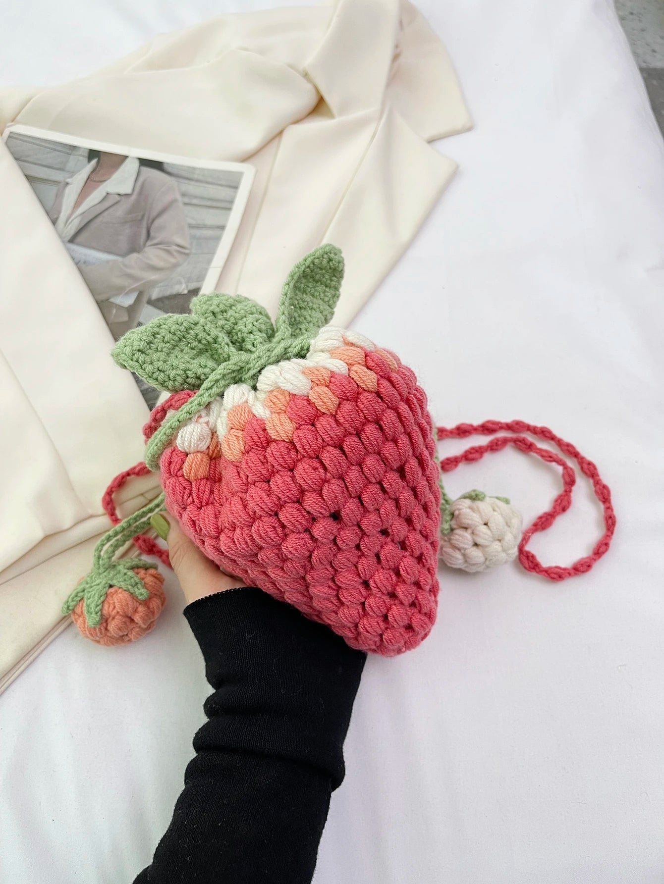 1pc Handmade Colorful Knitted Strawberry Drawstring Crossbody Bag, & Cute Strawberry Purse Valentines