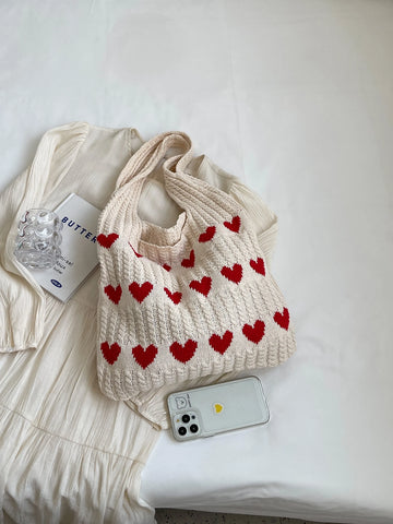 1pc Heart Pattern Color Blocking Crochet Handbag Shoulder Bag Large Capacity Fashion Beach Bag Versatile Commute Bag Large Capacity Knitted Hobo Bag Cute Heart Pattern Tote Bag Women Casual Crochet Handbag Shoulder Purse