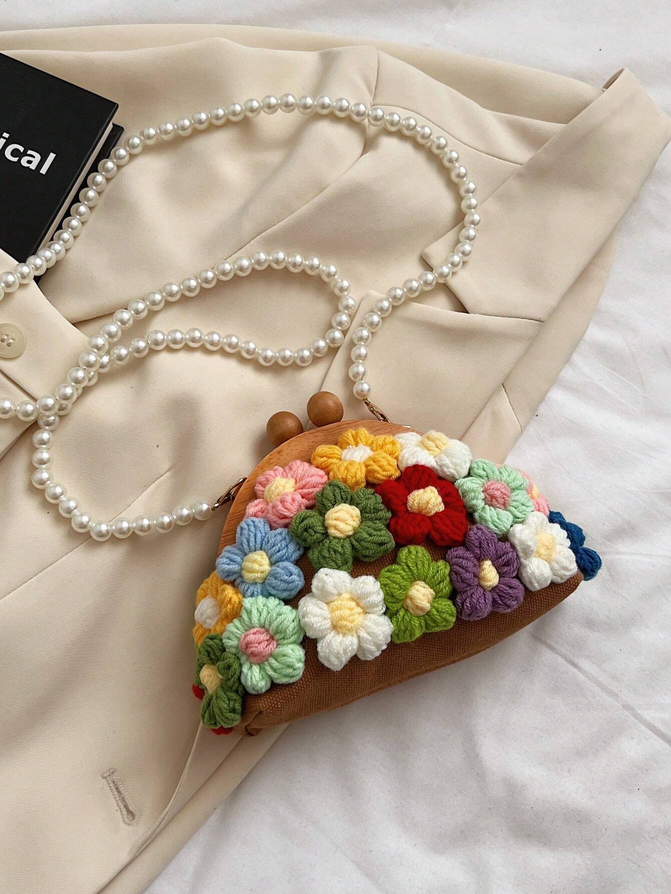 Fairy Bag Summer New Forest Literature And Art Flowers Foreign Small Fragrance Faux Pearl Shoulder Canvas Shell Bag Faux Pearl Chain Small Bag Fashion Clip Shell Bag Small Fresh Shoulder Bag Crossbody Bag, Exquisite Floral Bag For Women
