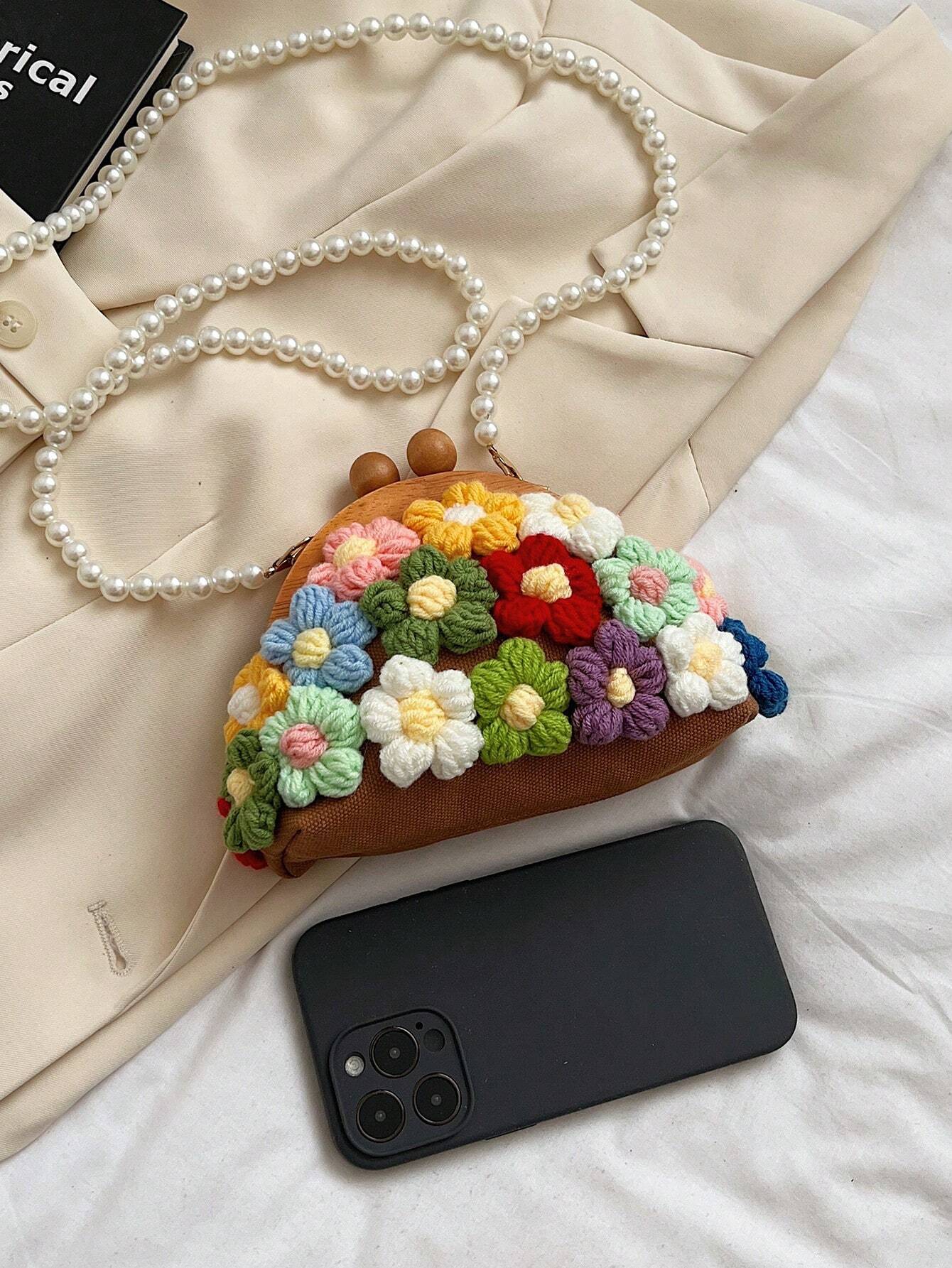 Fairy Bag Summer New Forest Literature And Art Flowers Foreign Small Fragrance Faux Pearl Shoulder Canvas Shell Bag Faux Pearl Chain Small Bag Fashion Clip Shell Bag Small Fresh Shoulder Bag Crossbody Bag, Exquisite Floral Bag For Women