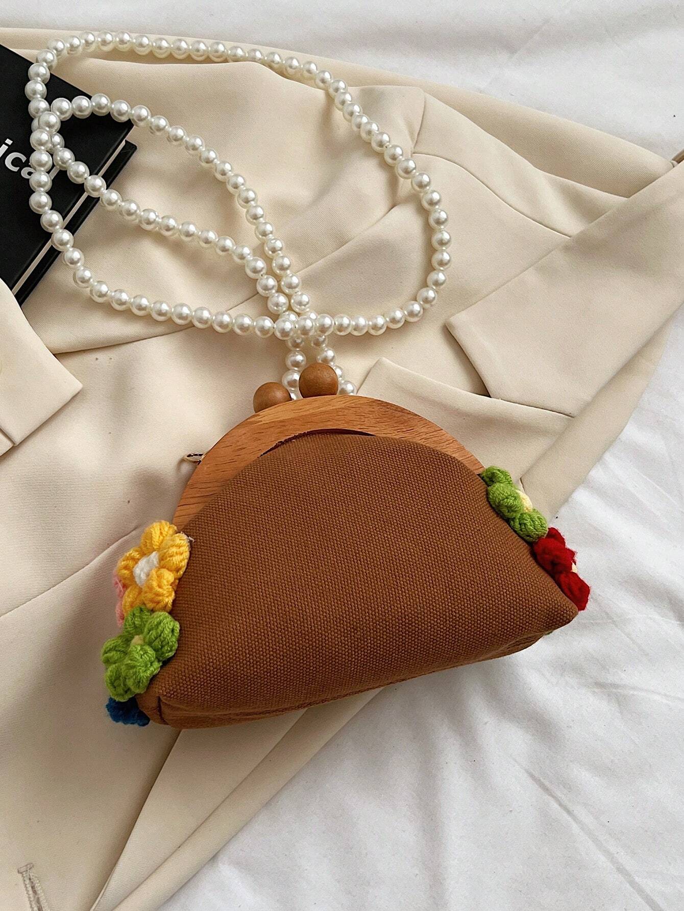 Fairy Bag Summer New Forest Literature And Art Flowers Foreign Small Fragrance Faux Pearl Shoulder Canvas Shell Bag Faux Pearl Chain Small Bag Fashion Clip Shell Bag Small Fresh Shoulder Bag Crossbody Bag, Exquisite Floral Bag For Women
