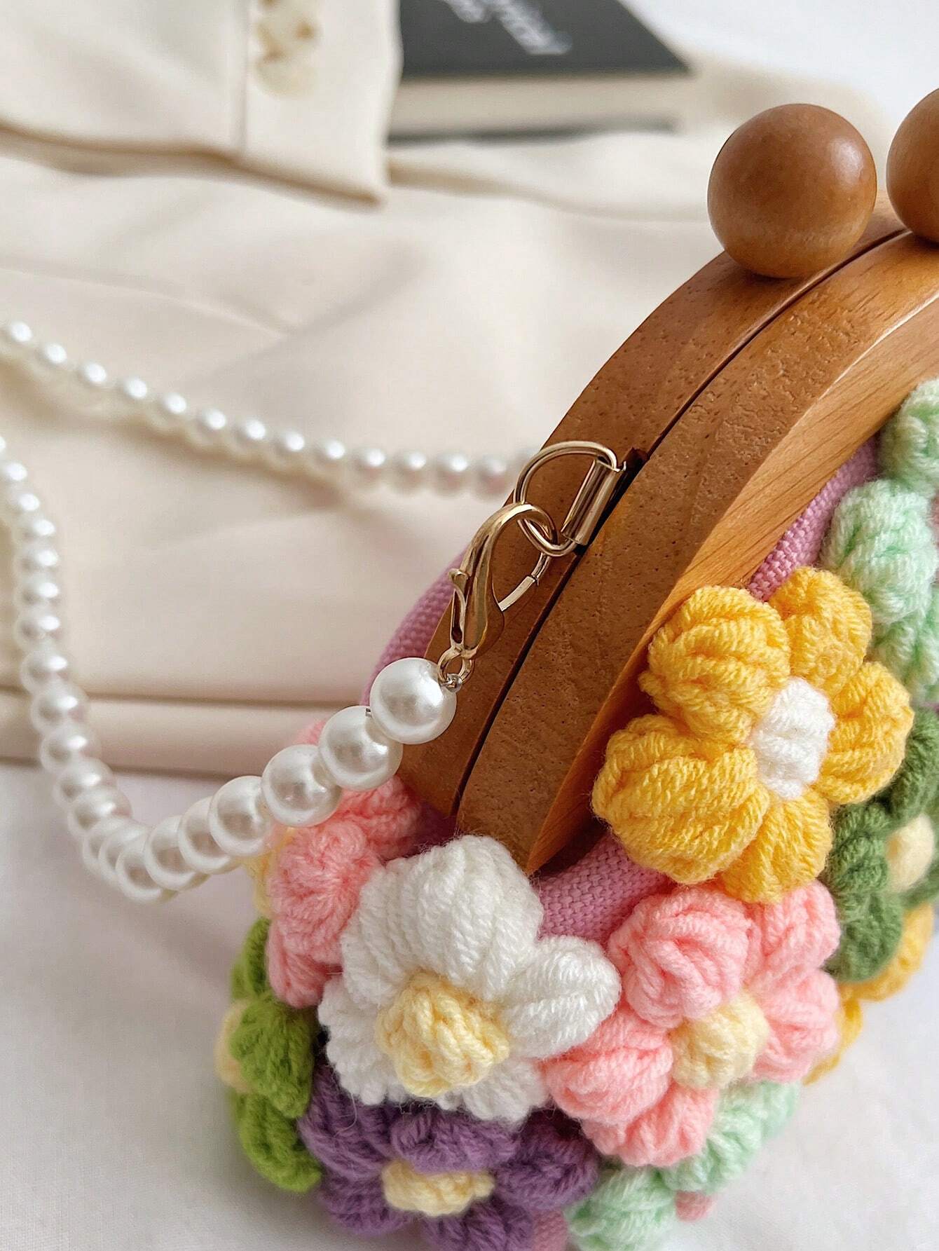 Fairy Bag Summer New Forest Literature And Art Flowers Foreign Small Fragrance Faux Pearl Shoulder Canvas Shell Bag Faux Pearl Chain Small Bag Fashion Clip Shell Bag Small Fresh Shoulder Bag Crossbody Bag, Exquisite Floral Bag For Women