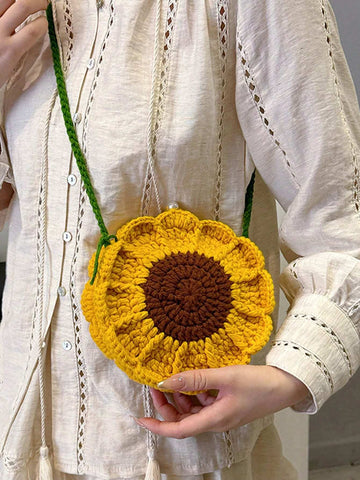 Finished Product: Double-Sided Sunflower Mini Crochet Handmade Knitting Sweet Cross-Body Knitted Bag Key Coin Purse, Exquisite Floral Bag For Women