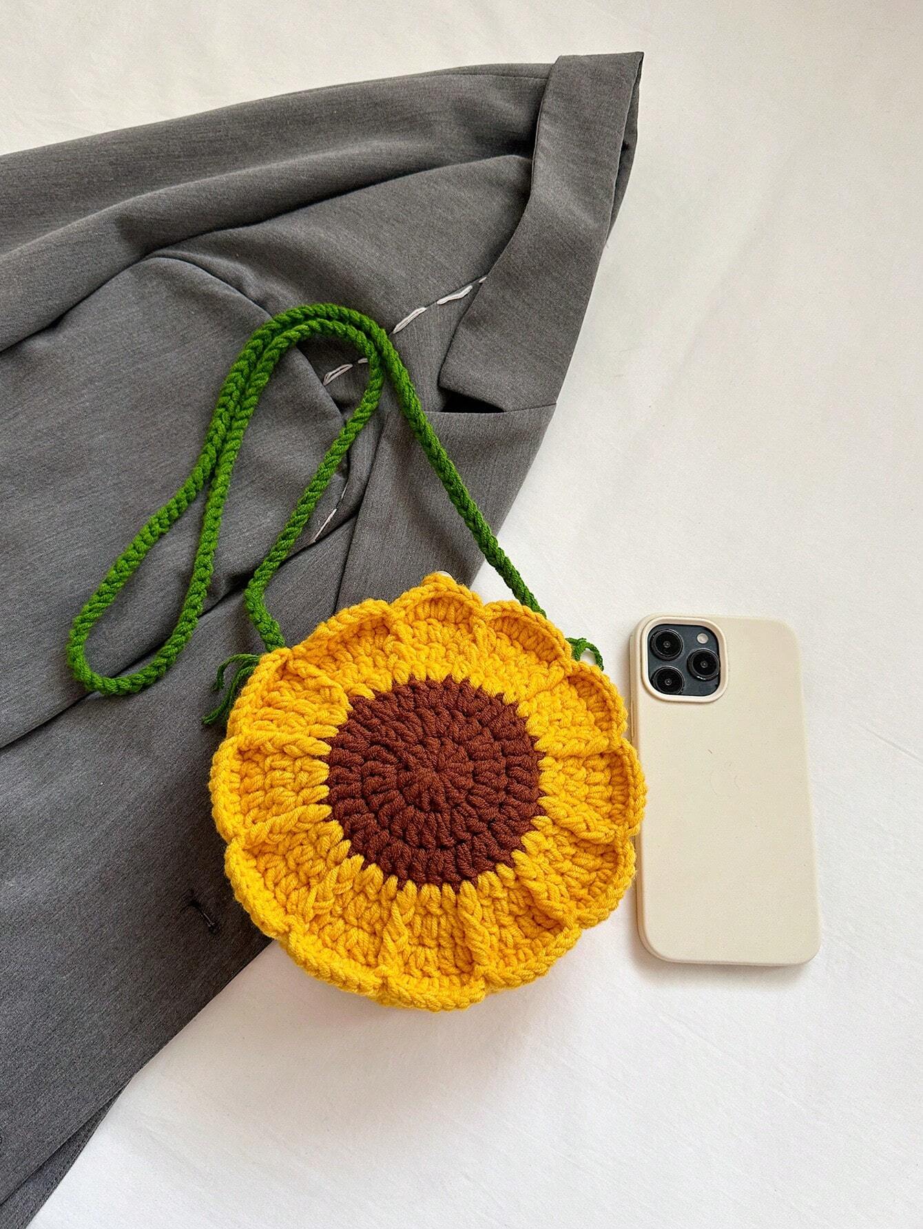 Finished Product: Double-Sided Sunflower Mini Crochet Handmade Knitting Sweet Cross-Body Knitted Bag Key Coin Purse, Exquisite Floral Bag For Women