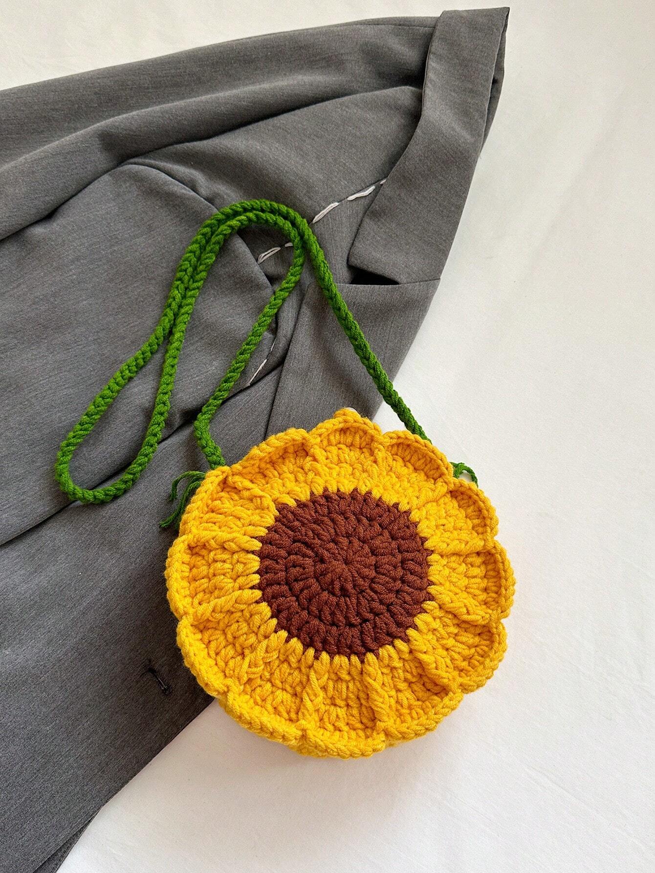 Finished Product: Double-Sided Sunflower Mini Crochet Handmade Knitting Sweet Cross-Body Knitted Bag Key Coin Purse, Exquisite Floral Bag For Women