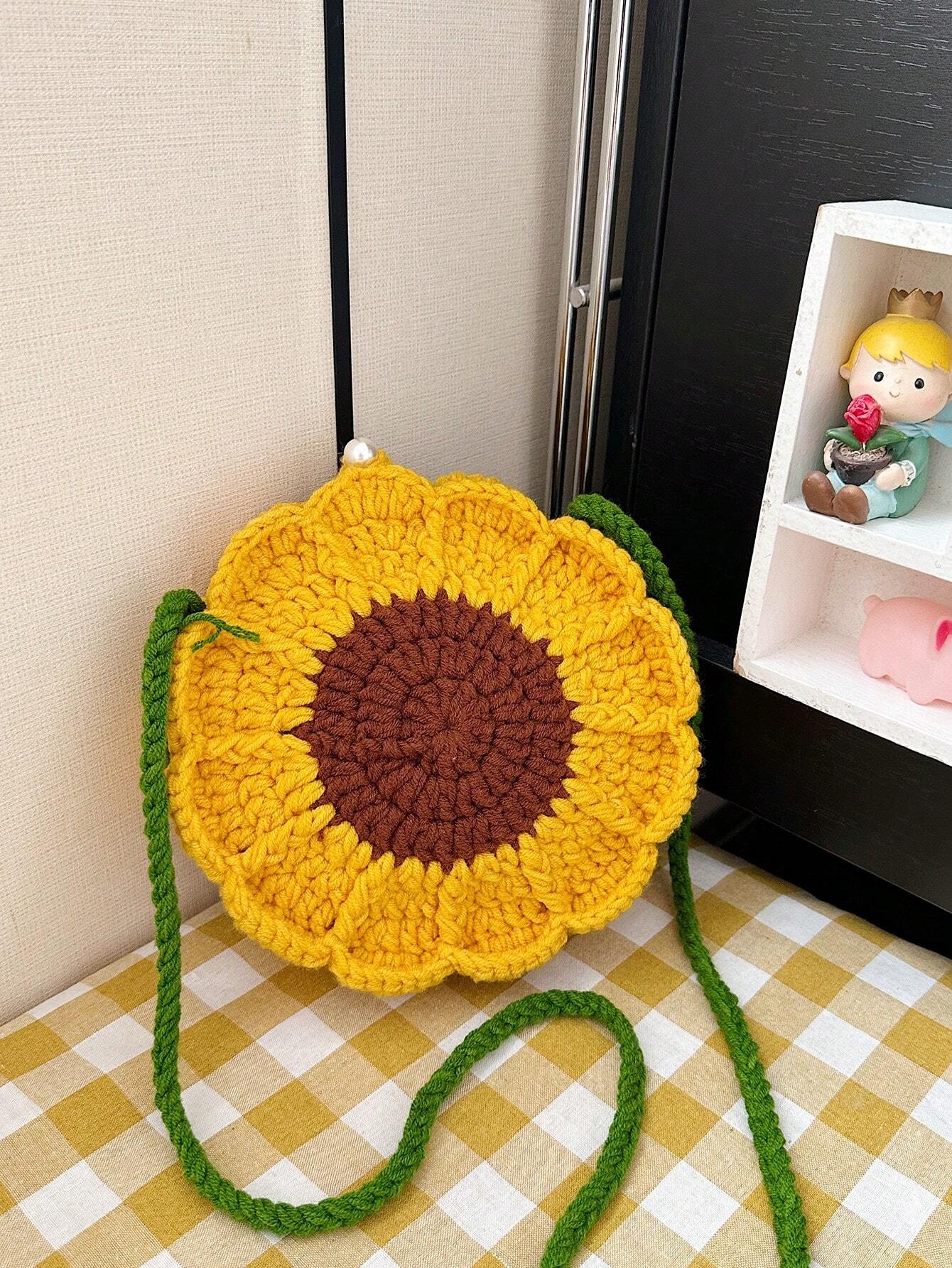 Finished Product: Double-Sided Sunflower Mini Crochet Handmade Knitting Sweet Cross-Body Knitted Bag Key Coin Purse, Exquisite Floral Bag For Women