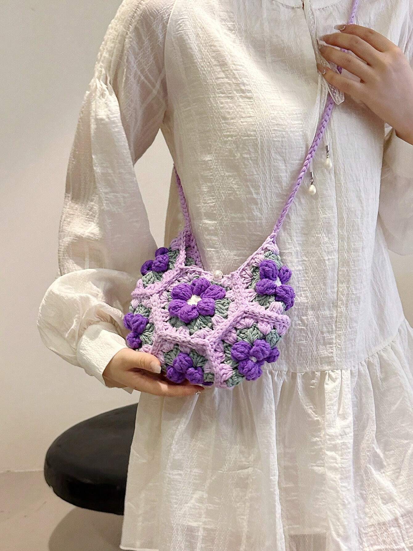 [Handmade] Double-Sided Puff Flower Patchwork Mini Crossbody Bag, Handwoven Crochet Sweet Knit Pouch For Phone & Keys