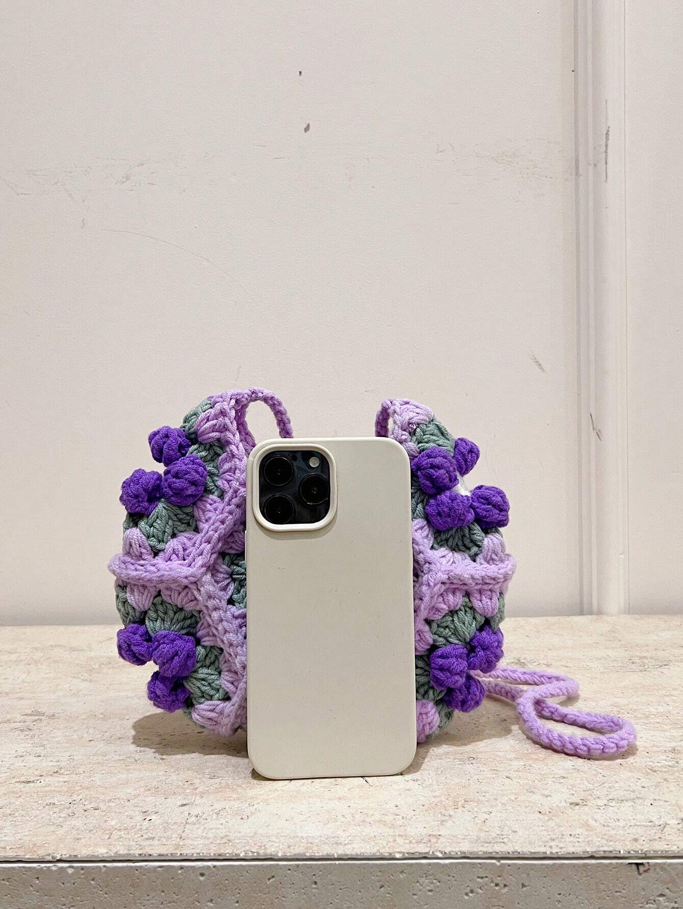 [Handmade] Double-Sided Puff Flower Patchwork Mini Crossbody Bag, Handwoven Crochet Sweet Knit Pouch For Phone & Keys