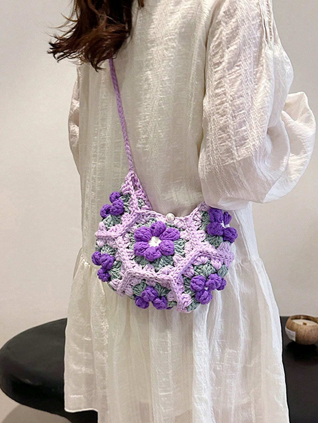 [Handmade] Double-Sided Puff Flower Patchwork Mini Crossbody Bag, Handwoven Crochet Sweet Knit Pouch For Phone & Keys
