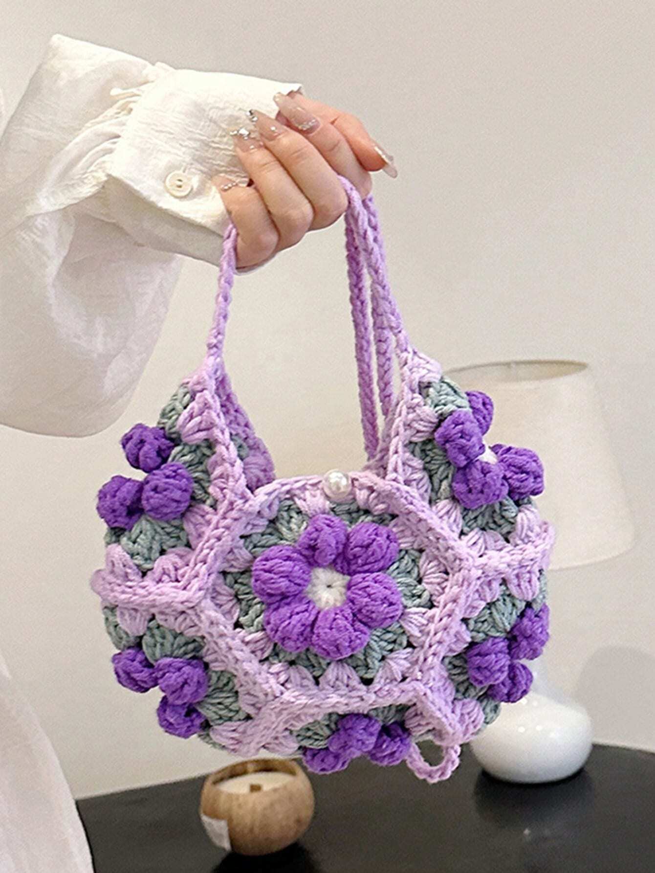 [Handmade] Double-Sided Puff Flower Patchwork Mini Crossbody Bag, Handwoven Crochet Sweet Knit Pouch For Phone & Keys