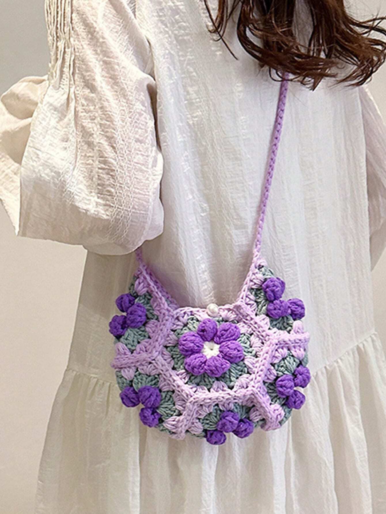 [Handmade] Double-Sided Puff Flower Patchwork Mini Crossbody Bag, Handwoven Crochet Sweet Knit Pouch For Phone & Keys