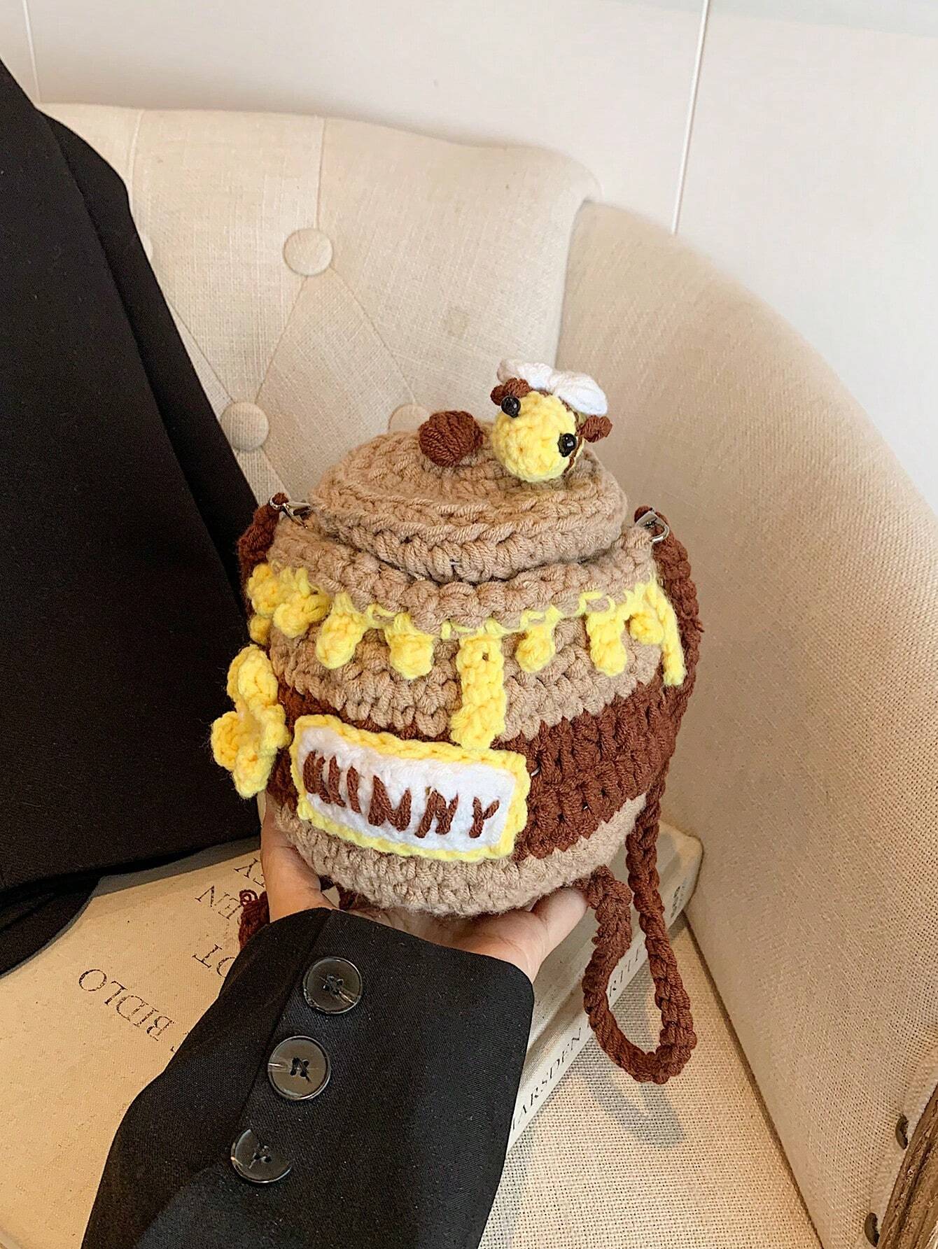 Handmade Knitted Small Crossbody Bag For Women, Autumn Winter New Honey Pot Coin Purse Novelty Crochet Bag