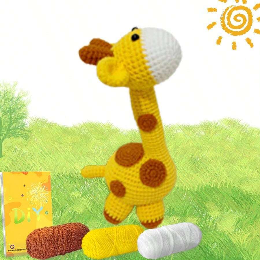 DIY Yellow Giraffe Crochet Kit For Beginners With Step-By-Step Video Tutorials And Text Version Illustration Knitted Easy To Understand