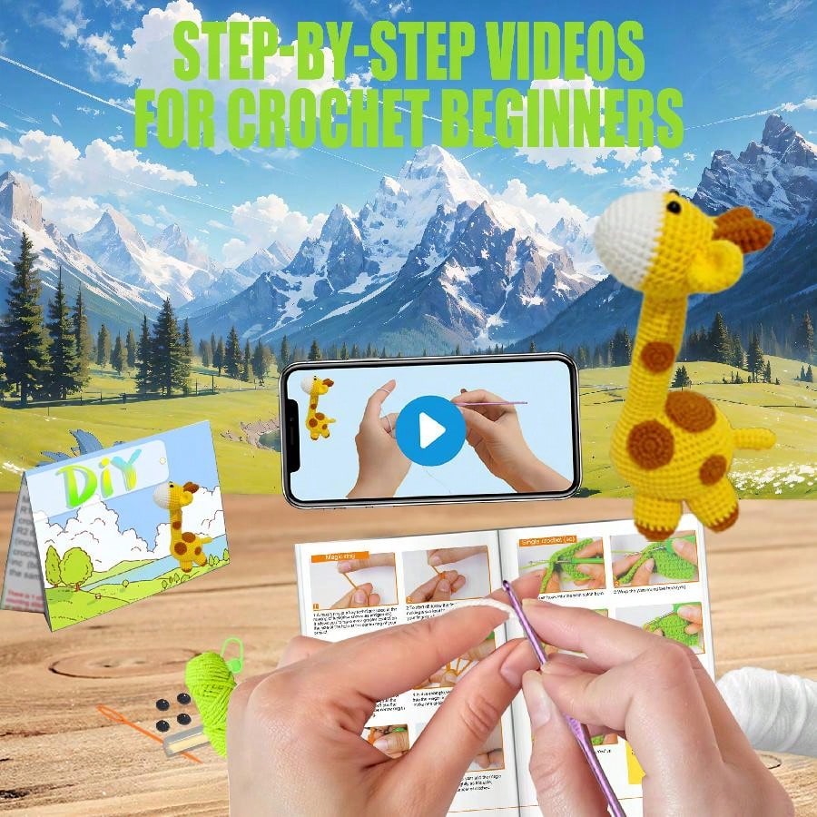 DIY Yellow Giraffe Crochet Kit For Beginners With Step-By-Step Video Tutorials And Text Version Illustration Knitted Easy To Understand