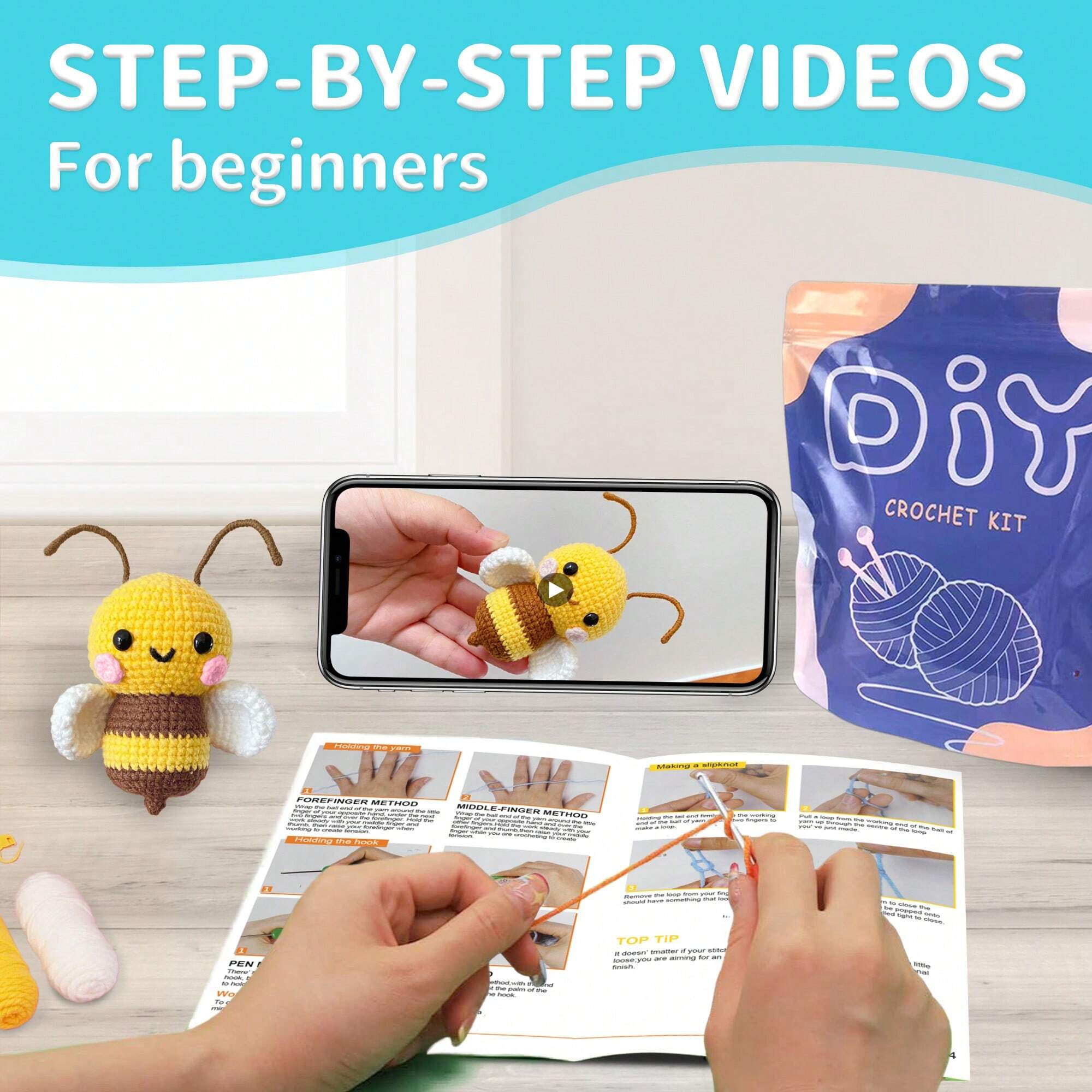 1Set Bee Crochet Material Package,Cute Crochet Stuffed Animal Kit , Birthdays Gift,Beginner Crochet Kits For Gift, Crochet Animal Kit For Beginners Include Videos Tutorials,Yarn,Seam Markers,And Instructions,(Accessories In Random)