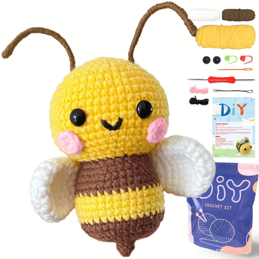 1Set Bee Crochet Material Package,Cute Crochet Stuffed Animal Kit , Birthdays Gift,Beginner Crochet Kits For Gift, Crochet Animal Kit For Beginners Include Videos Tutorials,Yarn,Seam Markers,And Instructions,(Accessories In Random)