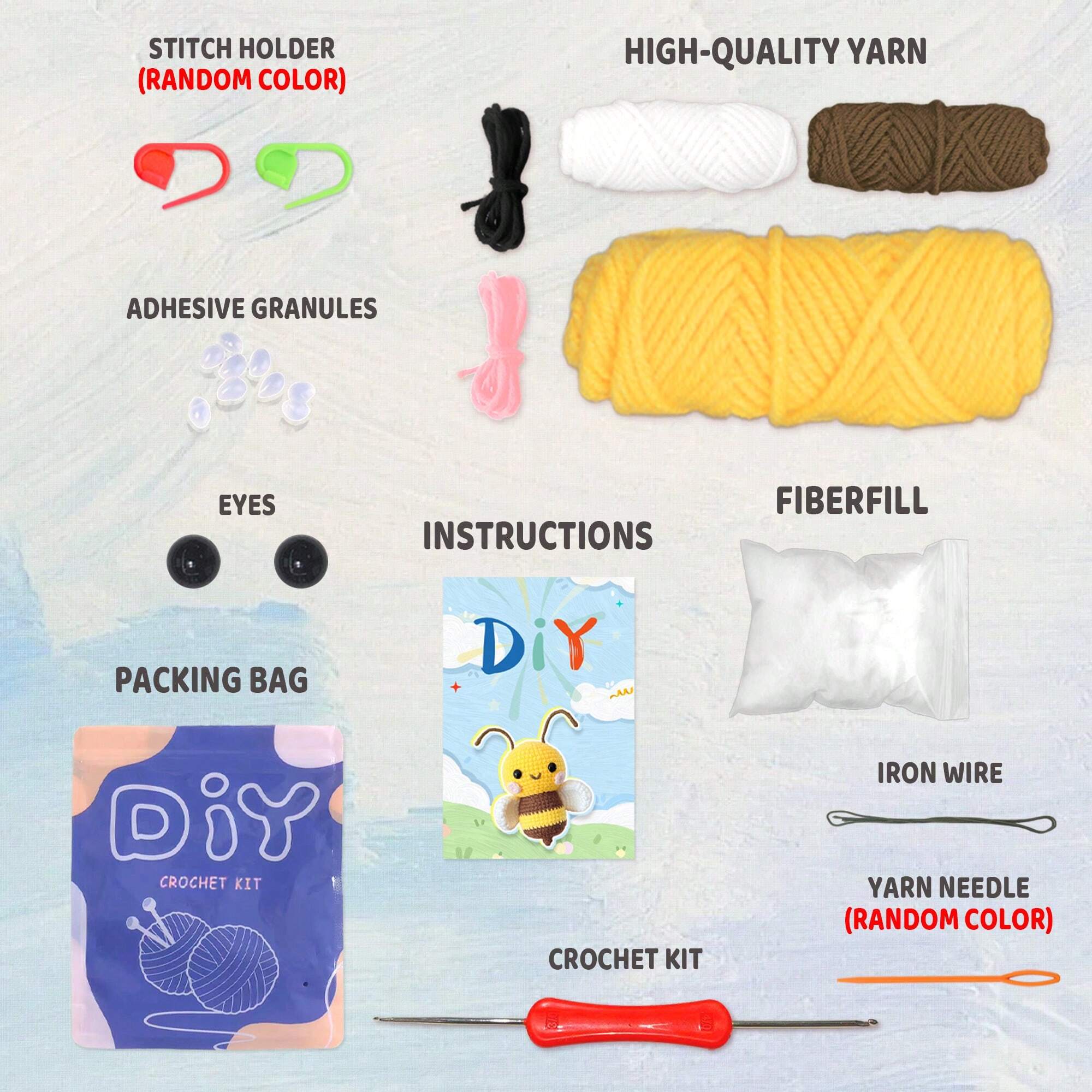 1Set Bee Crochet Material Package,Cute Crochet Stuffed Animal Kit , Birthdays Gift,Beginner Crochet Kits For Gift, Crochet Animal Kit For Beginners Include Videos Tutorials,Yarn,Seam Markers,And Instructions,(Accessories In Random)