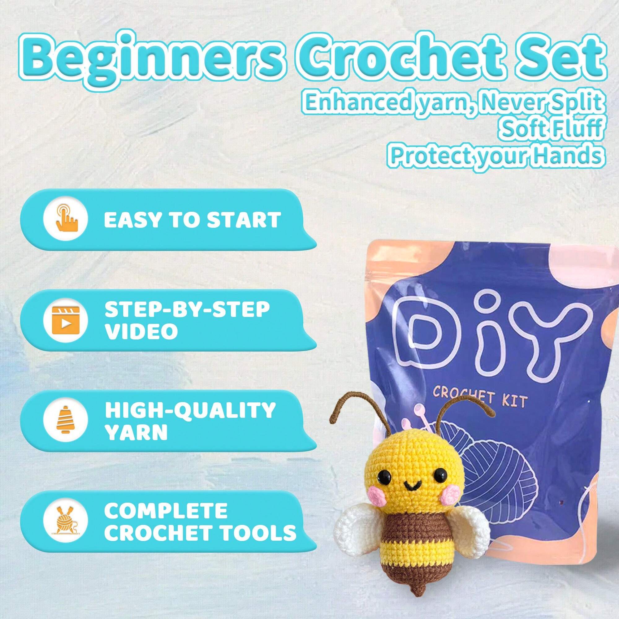 1Set Bee Crochet Material Package,Cute Crochet Stuffed Animal Kit , Birthdays Gift,Beginner Crochet Kits For Gift, Crochet Animal Kit For Beginners Include Videos Tutorials,Yarn,Seam Markers,And Instructions,(Accessories In Random)