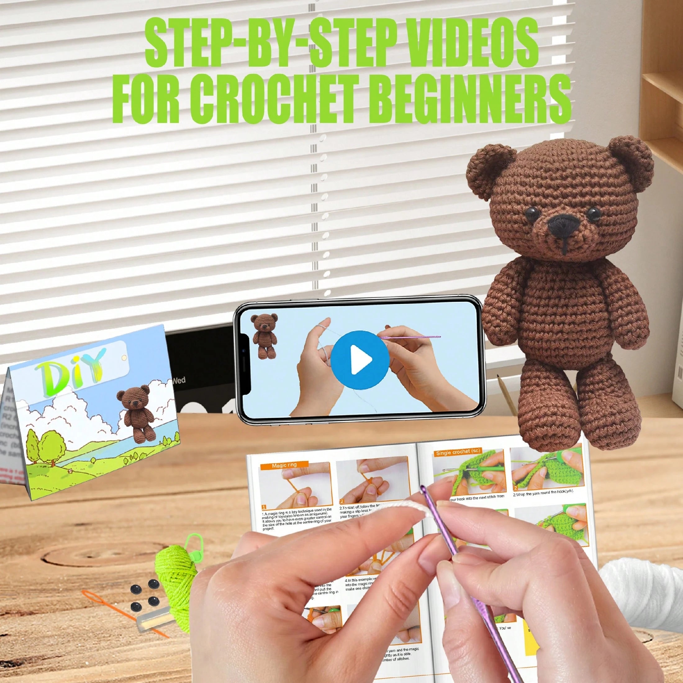 DIY Christmas Bear Crochet Kit For Beginners, Amigurumi Stuffed Animals - Gift Animal Crochet Starter Kit All-In-One Complete Crochet Kit Learn To Crochet Sets