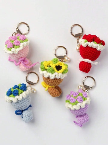 1pc Women's Valentine's Day Mini Crocheted Knitted Rose Flower Bouquet Keychain, Realistic DIY Knitted Flower Bouquet, Gift For Graduation, Wedding Guest, Best Friend, Girlfriend, Anniversary, Valentine's Day, Wedding Keychain, Bag Accessory