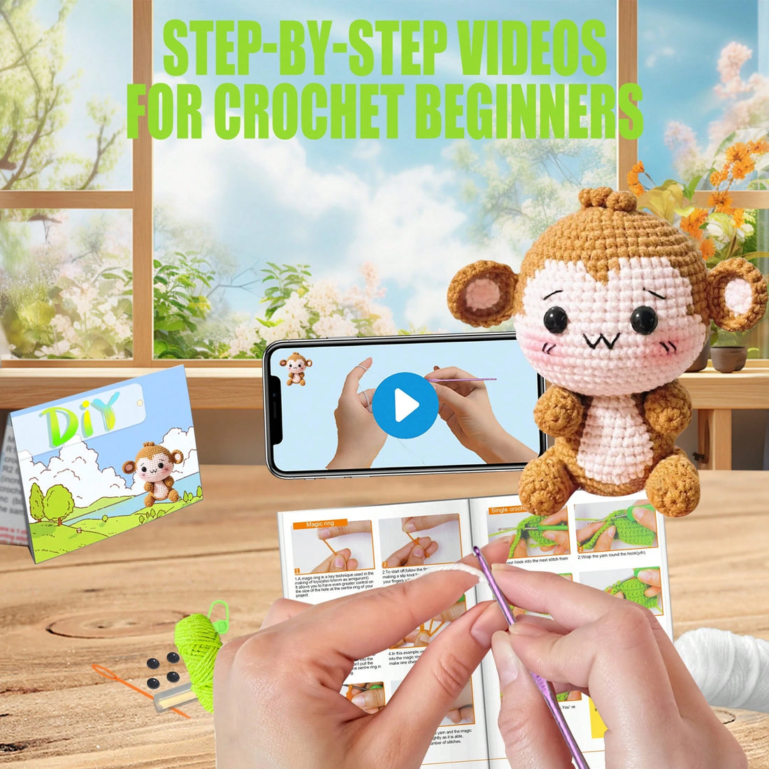 DIY Little Monkey Crochet Kit For Beginners, Amigurumi Stuffed Animals - Gift Animal Crochet Starter Kit All-In-One Complete Crochet Kit Learn To Crochet Sets With Instructions