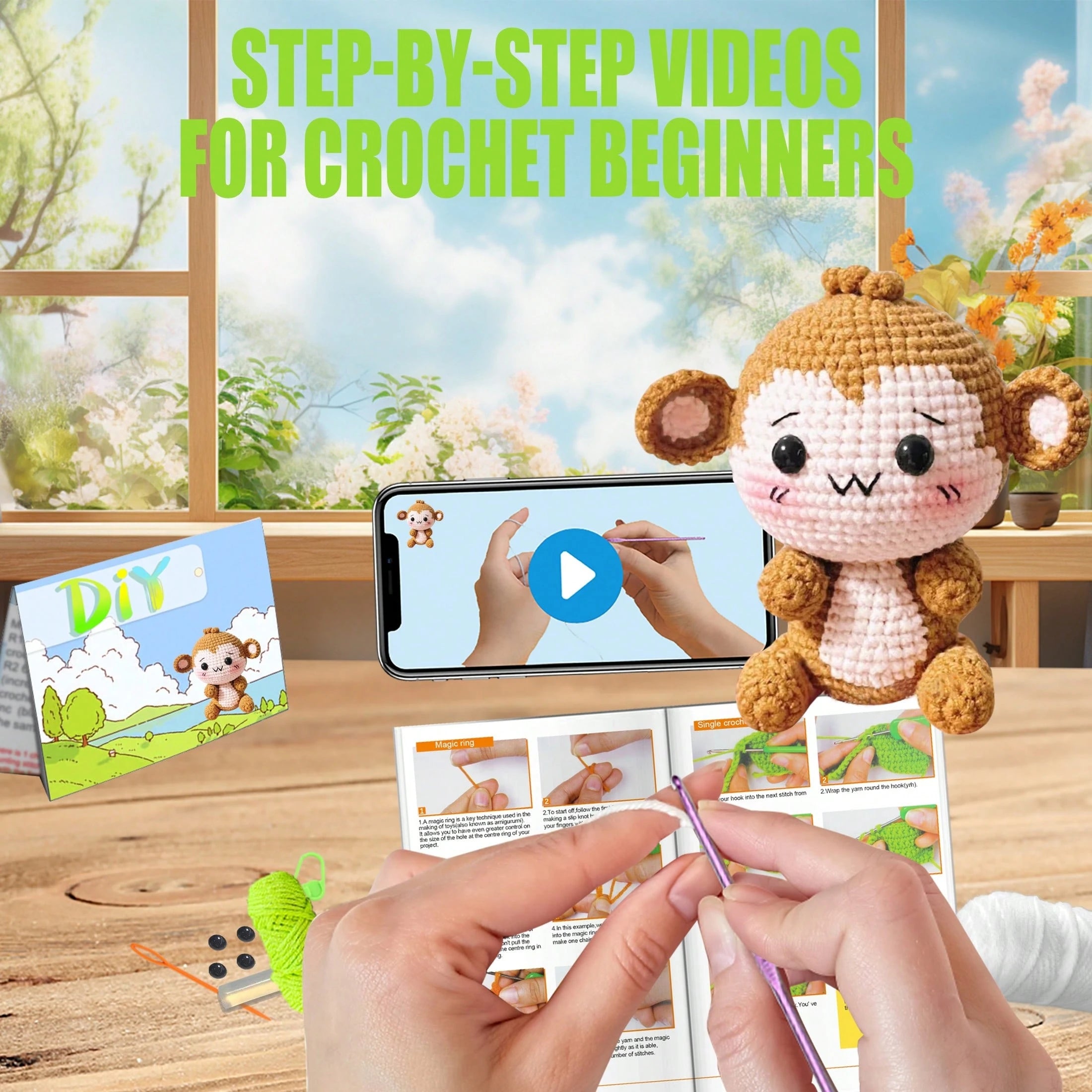 DIY Little Monkey Crochet Kit For Beginners, Amigurumi Stuffed Animals - Gift Animal Crochet Starter Kit All-In-One Complete Crochet Kit Learn To Crochet Sets With Instructions