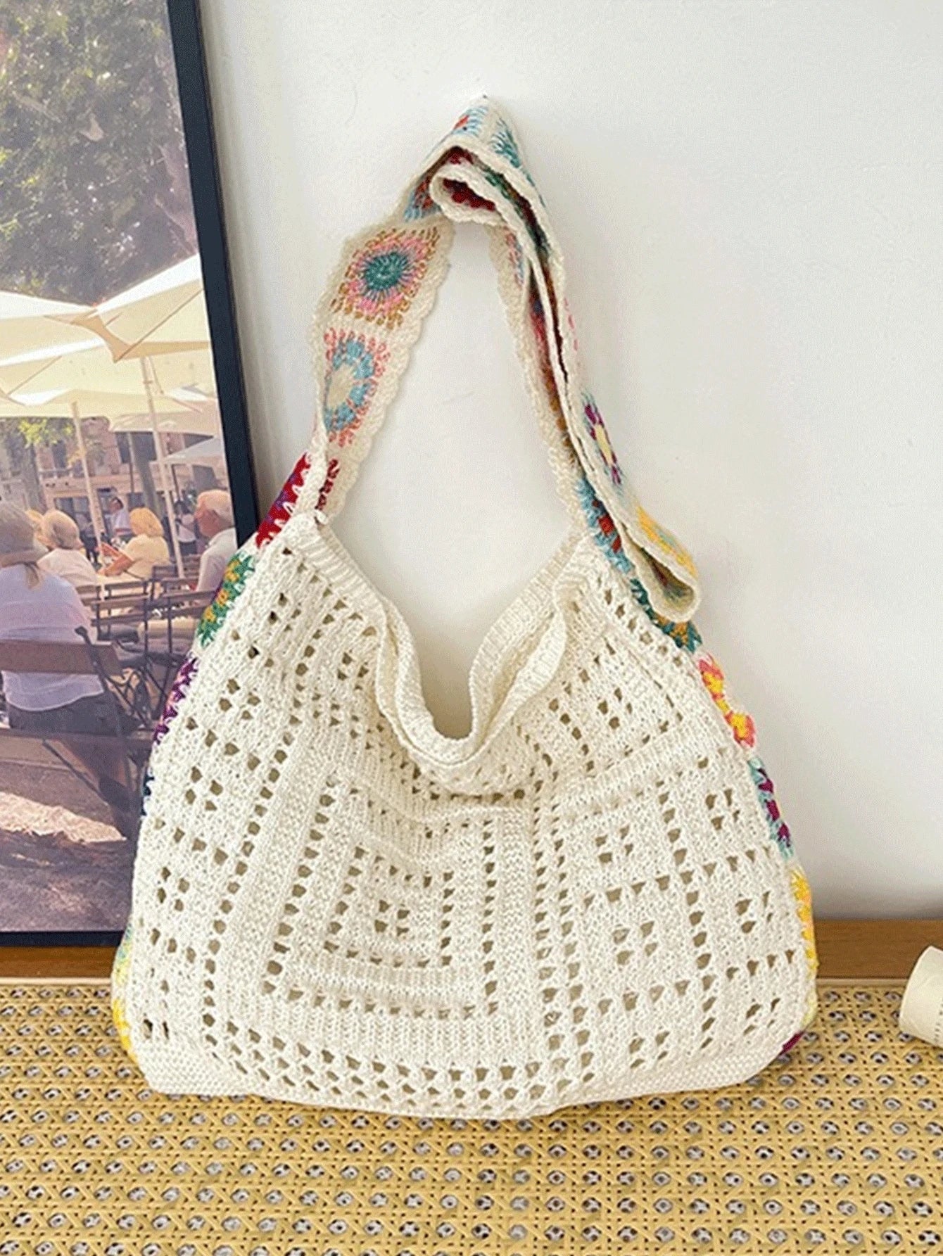 Korean Fashion Knitting Bag Bohemian Style Knitting Bag Holiday Wind Hollow Knitting Bag, Flower Pattern Decorative Messenger Bag Shoulder Bag Hook Bag Female Bag, Suitable For Travel