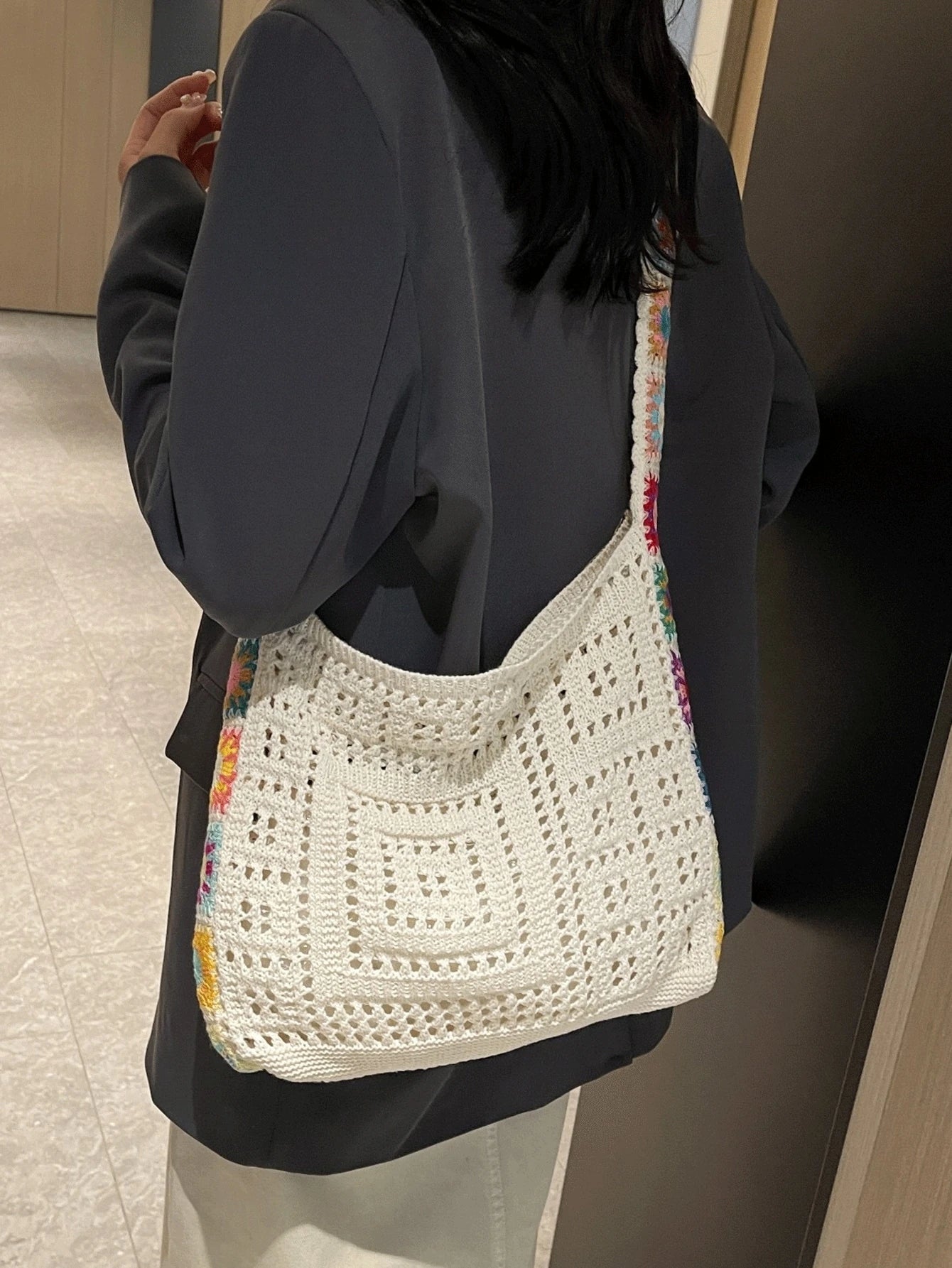 Korean Fashion Knitting Bag Bohemian Style Knitting Bag Holiday Wind Hollow Knitting Bag, Flower Pattern Decorative Messenger Bag Shoulder Bag Hook Bag Female Bag, Suitable For Travel
