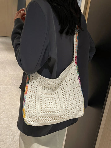 Korean Fashion Knitting Bag Bohemian Style Knitting Bag Holiday Wind Hollow Knitting Bag, Flower Pattern Decorative Messenger Bag Shoulder Bag Hook Bag Female Bag, Suitable For Travel