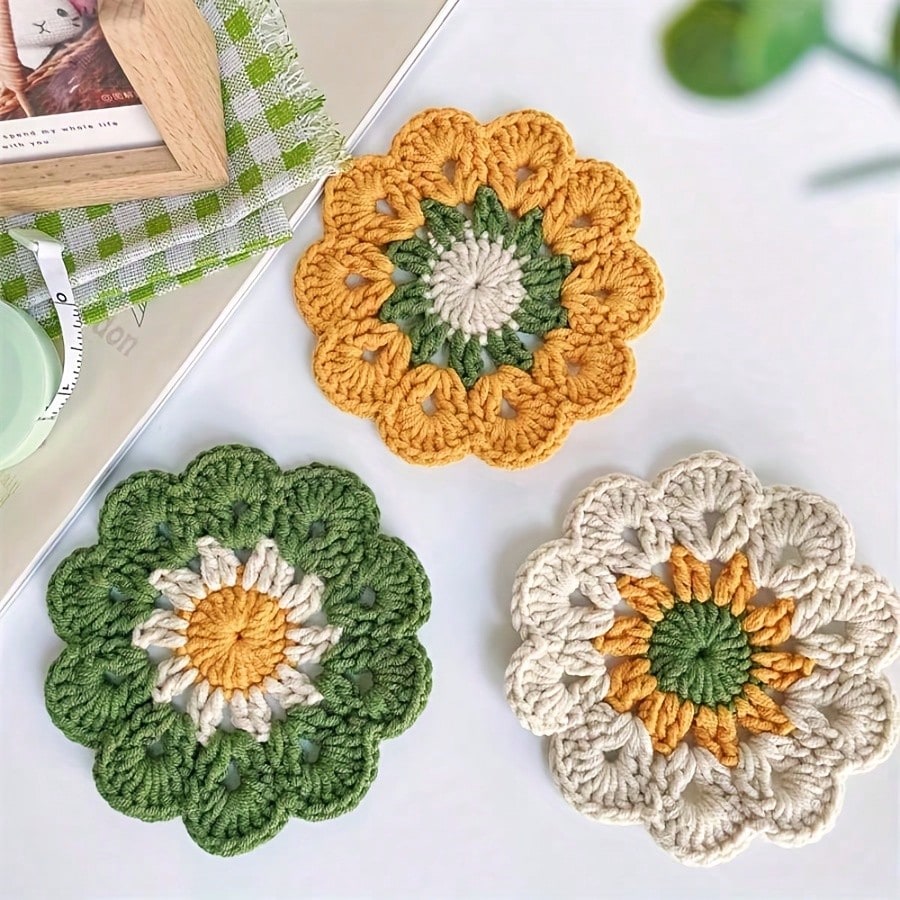 Handmade Coaster Set, Hand Woven Coaster Finished Product, Handmade DIY Small Flower Coaster, Insulation Pad