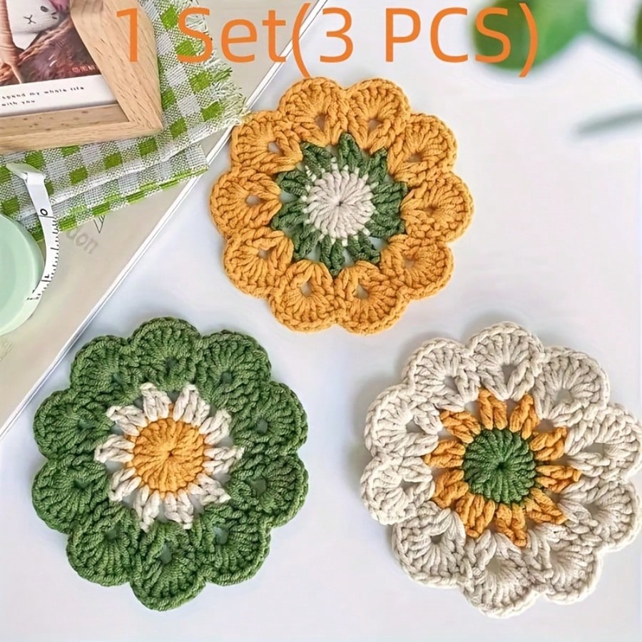 Handmade Coaster Set, Hand Woven Coaster Finished Product, Handmade DIY Small Flower Coaster, Insulation Pad