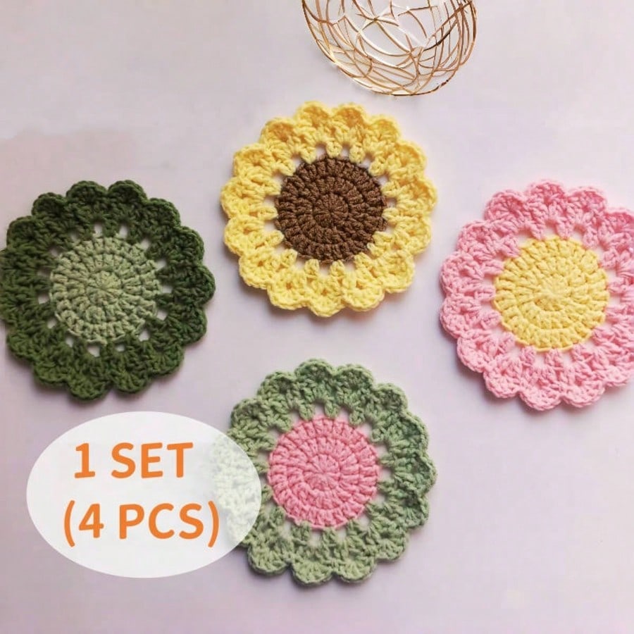 1/4Pcs, Handmade Flower Coasters, Crochet Home Decor Mat, Funny Pink Flower Coasters,