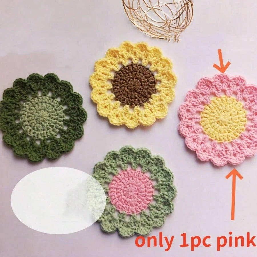 1/4Pcs, Handmade Flower Coasters, Crochet Home Decor Mat, Funny Pink Flower Coasters,