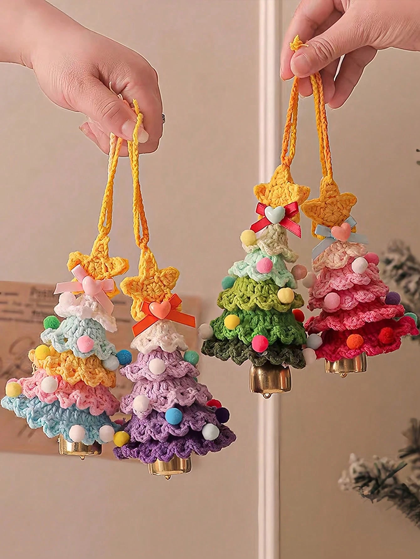 Handmade Crochet Christmas Tree Car Hanging Ornament Bag Charm DIY Creative Decoration Gift (Finished Product) Car Accessories For Women Keychain For Bag