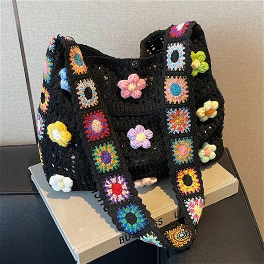 Bohemian Style Large Capacity Tote Bag, Fashion Floral Crochet Handbag, Hollow Out Knitted Shoulder Bag