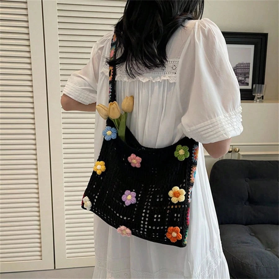 Bohemian Style Large Capacity Tote Bag, Fashion Floral Crochet Handbag, Hollow Out Knitted Shoulder Bag
