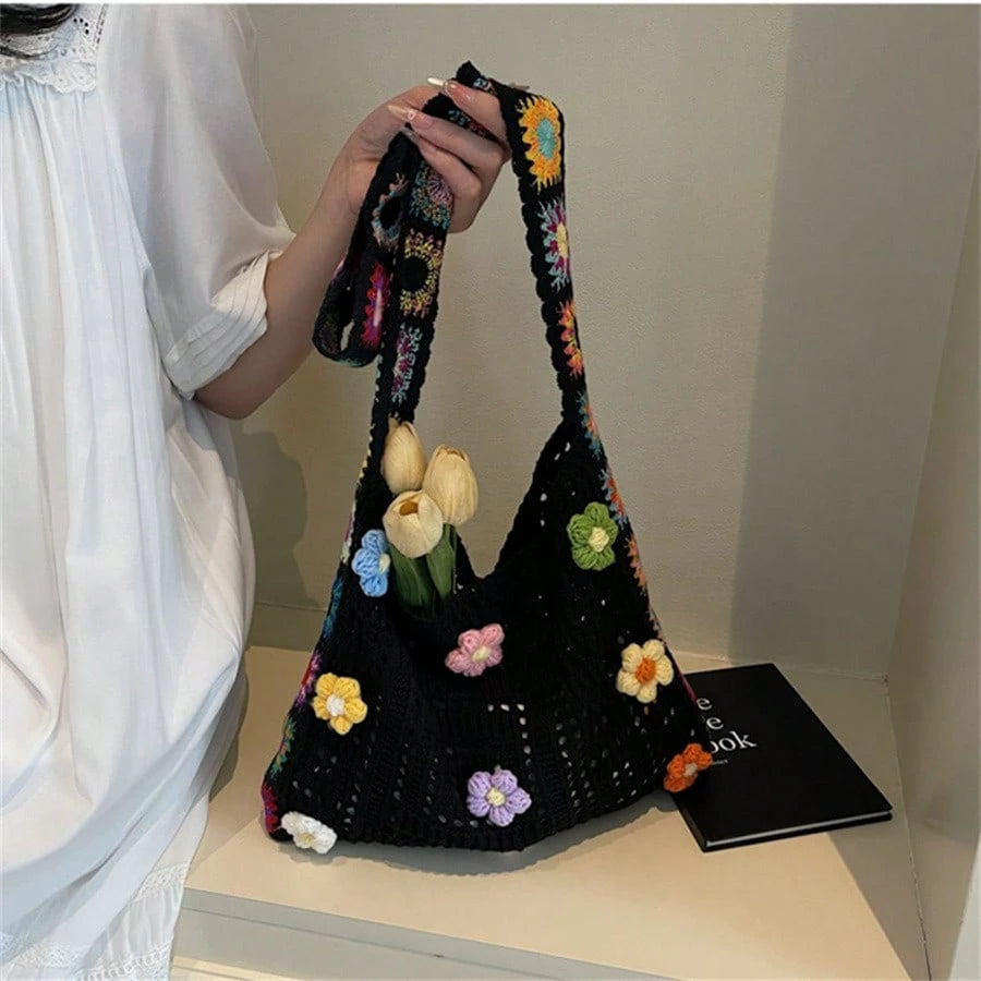 Bohemian Style Large Capacity Tote Bag, Fashion Floral Crochet Handbag, Hollow Out Knitted Shoulder Bag