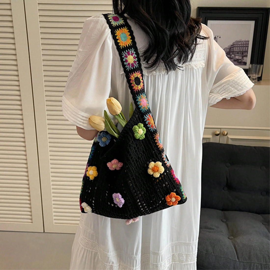 Bohemian Style Large Capacity Tote Bag, Fashion Floral Crochet Handbag, Hollow Out Knitted Shoulder Bag