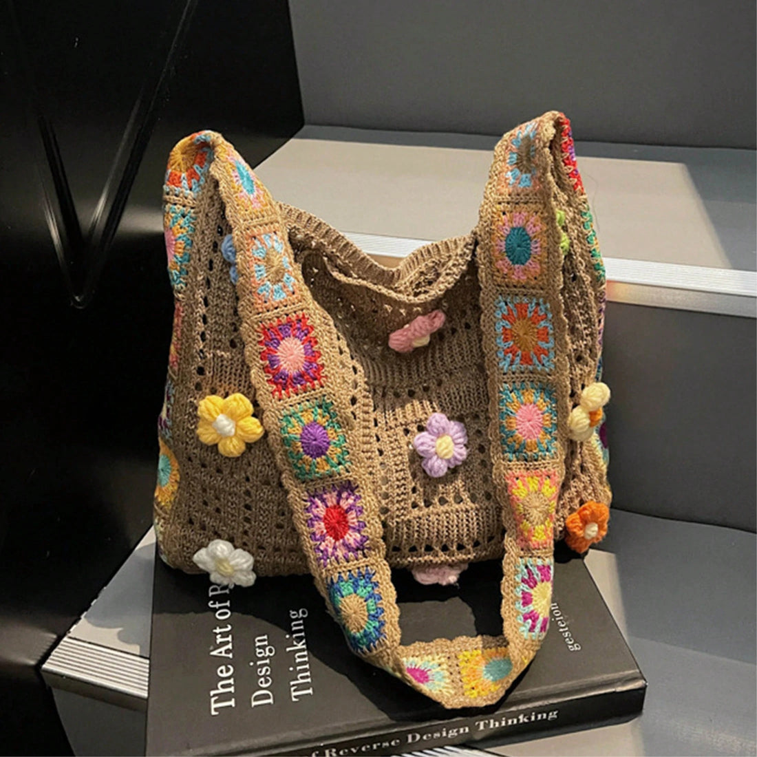 Bohemian Style Large Capacity Tote Bag, Fashion Floral Crochet Handbag, Hollow Out Colorful Flower Shoulder Bag, Suitable For Summer Beach Vacation, Women's Daily Shopping Bag, Gift For Her