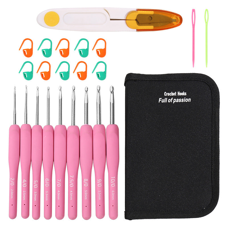 New Design Crochet Knitting Accessory Black Red Soft Rubber Handle Aluminum Crochets Hooks Kit Crochet Hook Set With Case