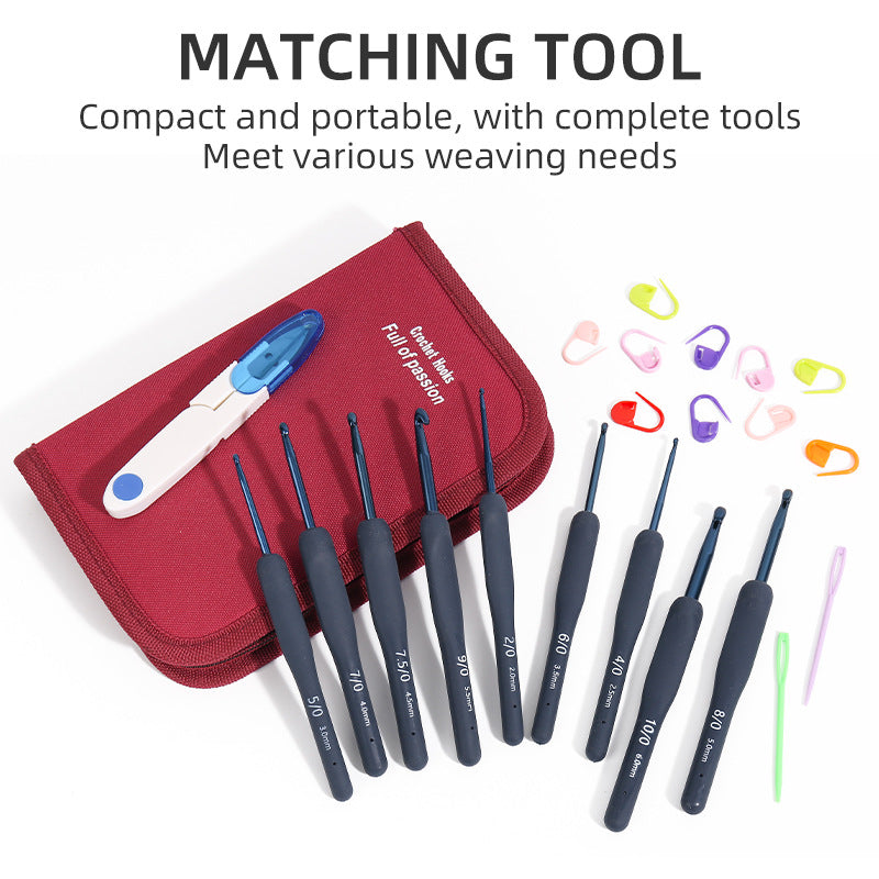New Design Crochet Knitting Accessory Black Red Soft Rubber Handle Aluminum Crochets Hooks Kit Crochet Hook Set With Case