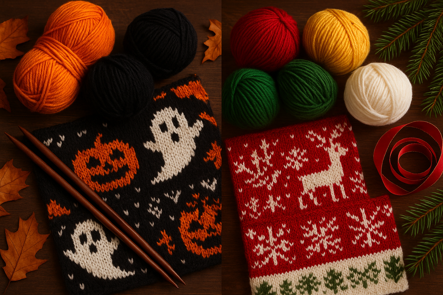 Halloween and Christmas knitting ingredients side by side