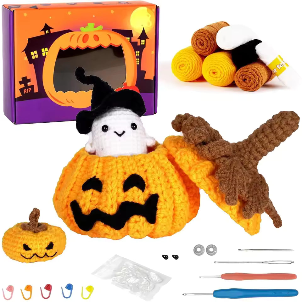 Halloween Crochet Kit – Sugar Bag Pumpkin DIY Set for Beginners with Video Instructions