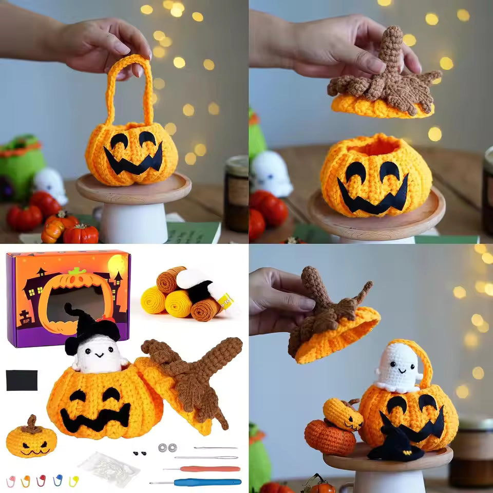 Halloween Crochet Kit – Sugar Bag Pumpkin DIY Set for Beginners with Video Instructions