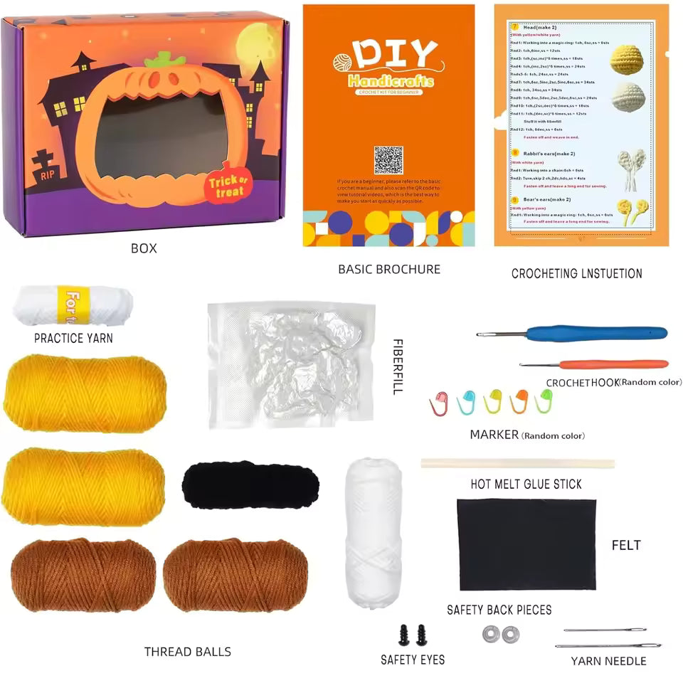 Halloween Crochet Kit – Sugar Bag Pumpkin DIY Set for Beginners with Video Instructions