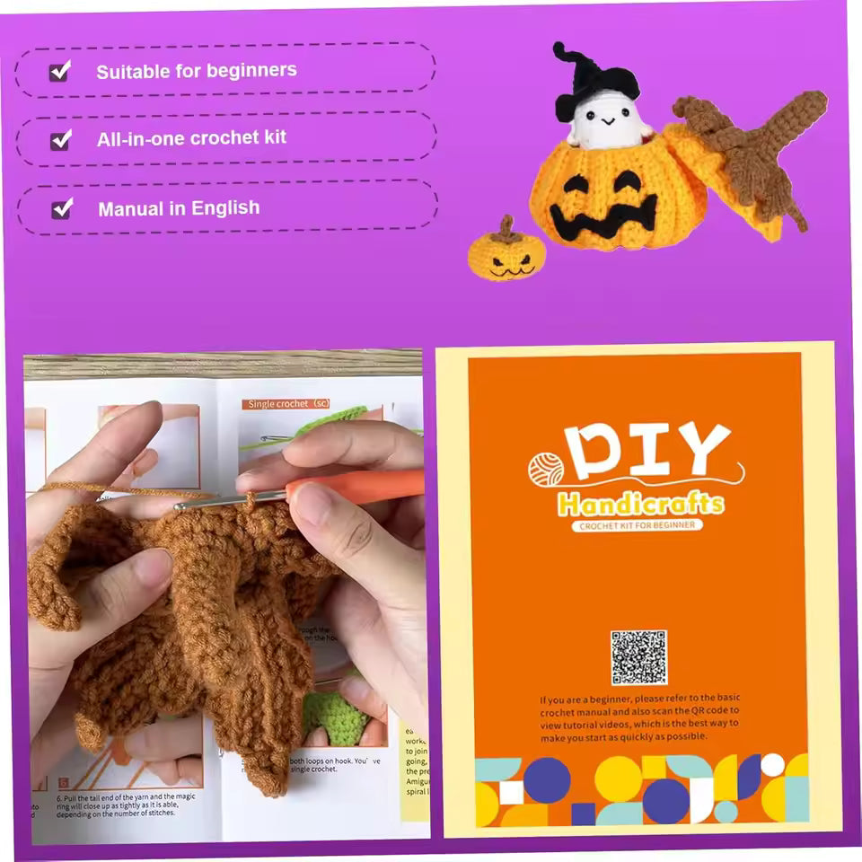 Halloween Crochet Kit – Sugar Bag Pumpkin DIY Set for Beginners with Video Instructions